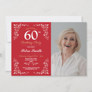 Red White Birthday Womens Classy 60th Photo Invitation