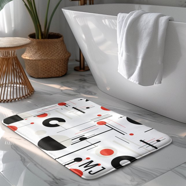 Red white black bauhaus geometric shapes on white bath mat (Creator Uploaded)