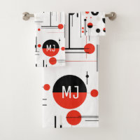 Red white black bauhaus geometric shapes on white