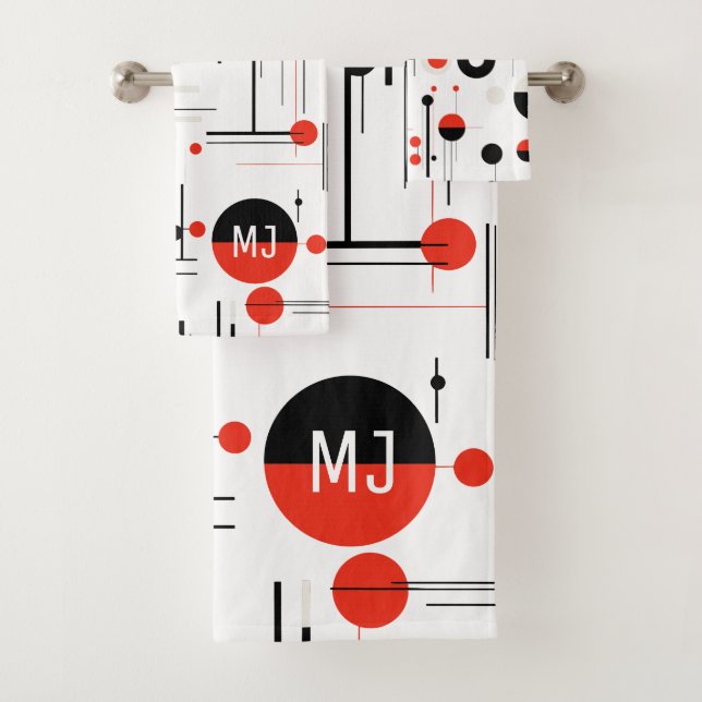 Red white black bauhaus geometric shapes on white bath towel set (Insitu)