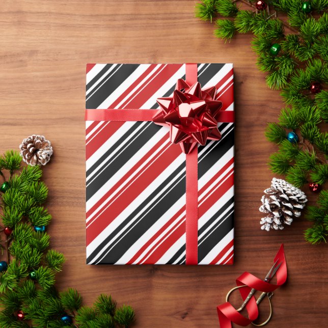 Red White Black Candy Cane Stripe Holiday Wrapping Paper (Holiday Gift)