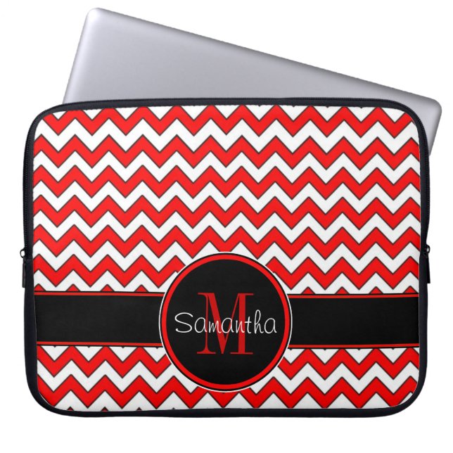 Red White & Black Chevron Pattern Custom Monogram Laptop Sleeve (Front)