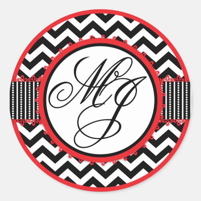 Red, White, & Black Chevron Print Monogram Classic Round Sticker (Front)