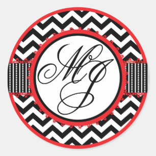 Red, White, & Black Chevron Print Monogram Classic Round Sticker