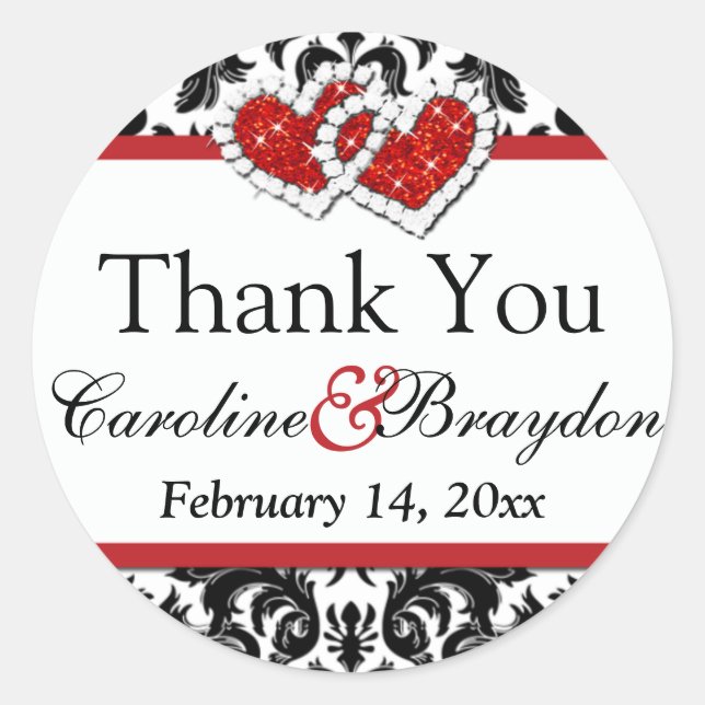 Red White Black Damask Hearts 1.5" Round Sticker 2 (Front)