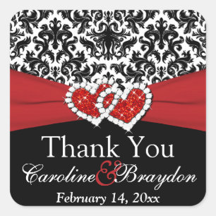 Red White Black Damask, Hearts 1.5" Sq. Sticker