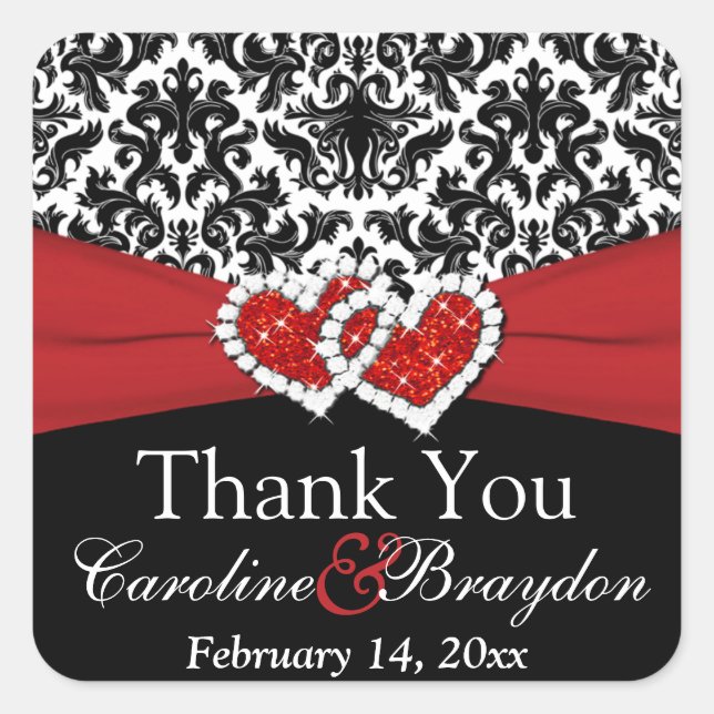 Red White Black Damask, Hearts 1.5" Sq. Sticker (Front)