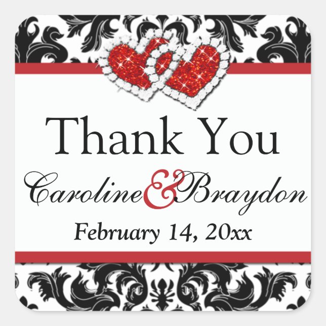 Red White Black Damask, Hearts 1.5" Sq. Sticker 2 (Front)