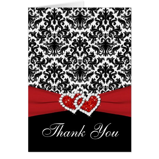 Red White Black Damask, Hearts Thank You Card