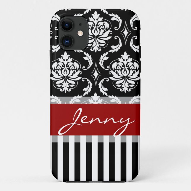 Red, White, Black Damask Stripes Case-Mate iPhone Case (Back)