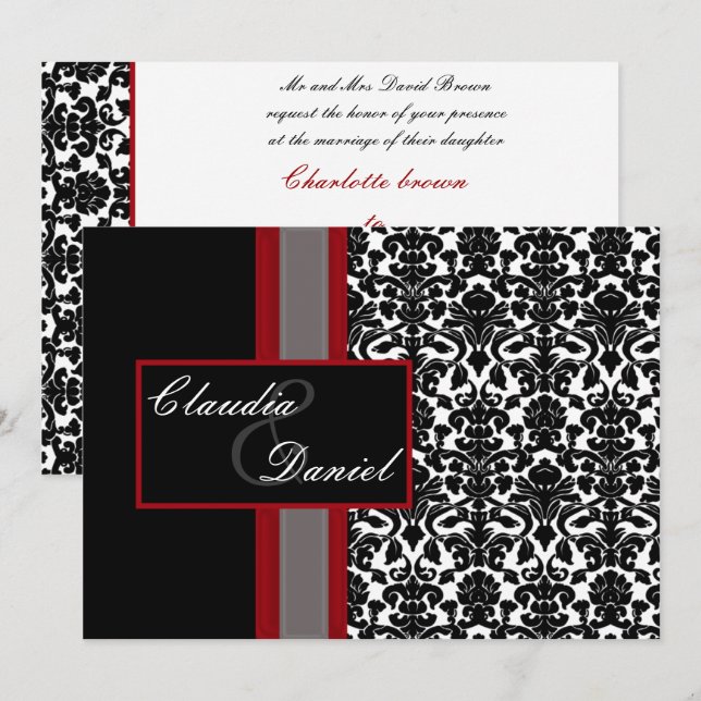 Red White Black Damask Wedding Invitations (Front/Back)