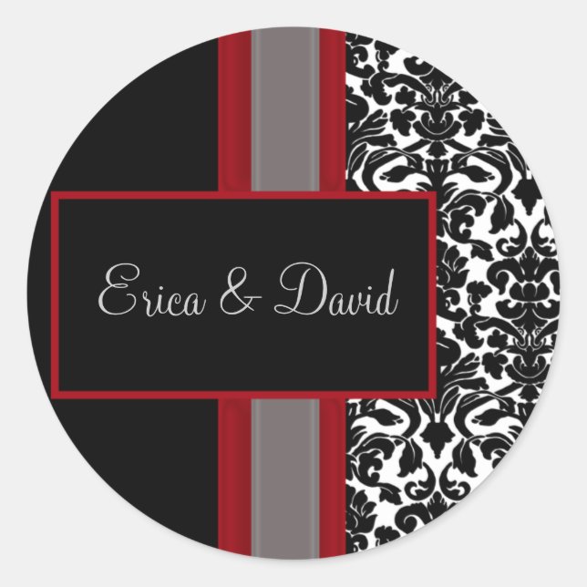 Red White Black Damask Wedding Invitations Classic Round Sticker (Front)