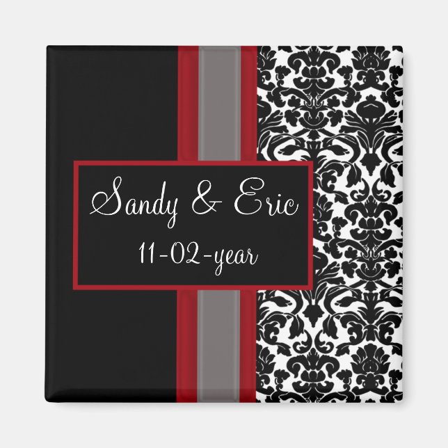 Red White Black Damask Wedding Invitations Magnet (Front)