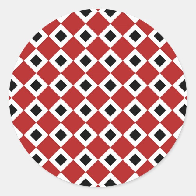 Red, White, Black Diamond Pattern Classic Round Sticker (Front)