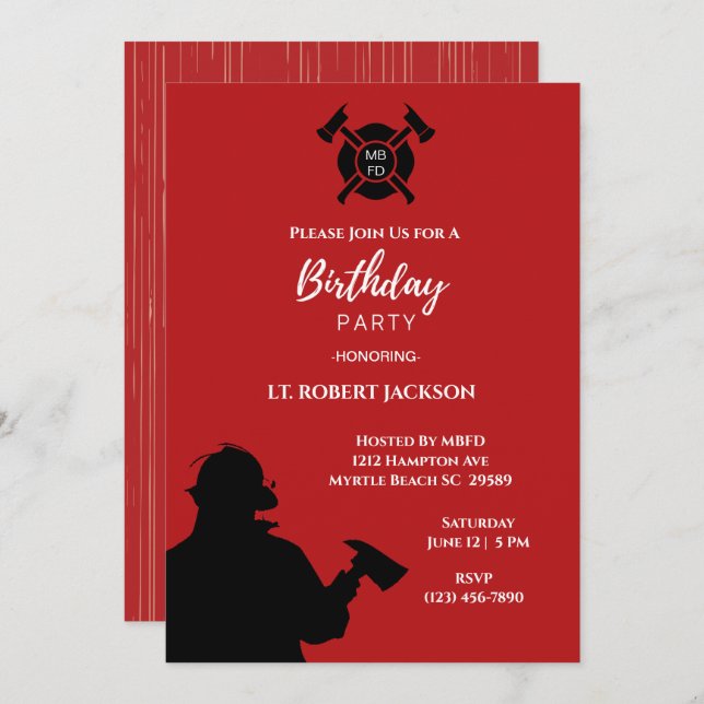 Red White Black Firefighters Birthday Party Invitation (Front/Back)