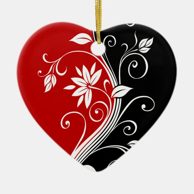 Red  White & Black Floral Ceramic Tree Decoration (Front)