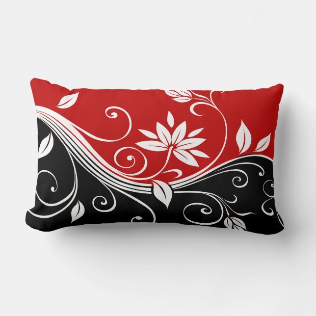 Red  White & Black Floral Lumbar Cushion (Front)