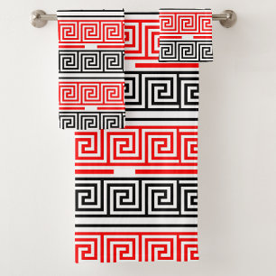 Red White Black Greek Key Fret Pattern Design Bath Towel Set