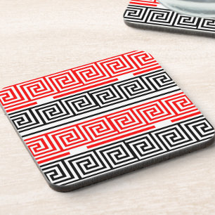 Red White Black Greek Key Fret Pattern Design Coaster