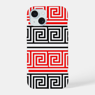 Red White Black Greek Key Fret Pattern Design iPhone 15 Case
