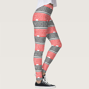 Red White Black Greek Key Fret Pattern Design Leggings