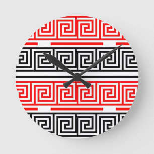 Red White Black Greek Key Fret Pattern Design  Round Clock
