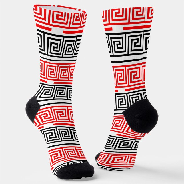 Red White Black Greek Key Fret Pattern Design  Socks (Creator Uploaded)