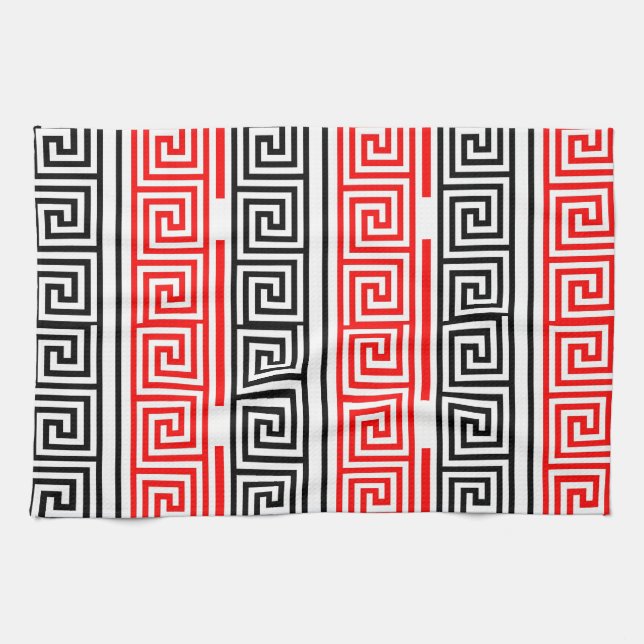 Red White Black Greek Key Fret Pattern Design  Tea Towel (Horizontal)