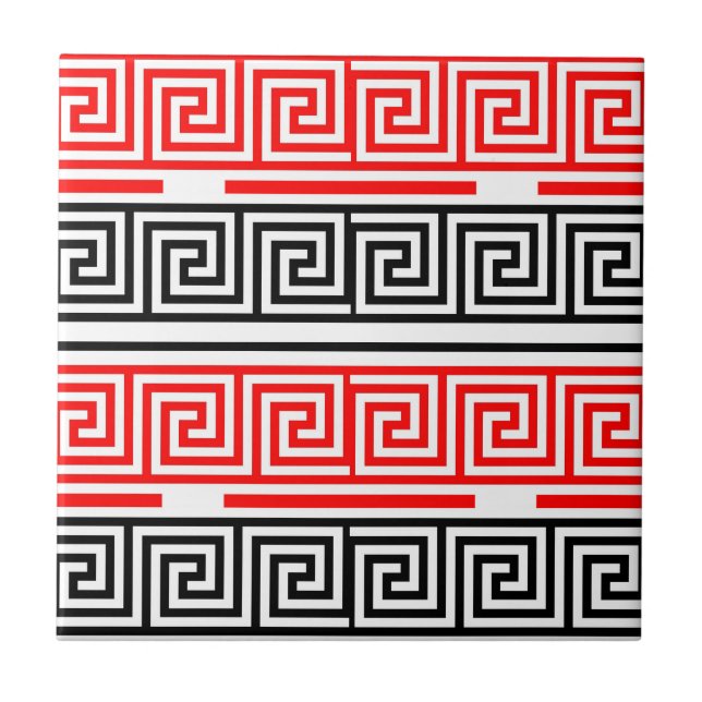 Red White Black Greek Key Fret Pattern Design  Tile (Front)