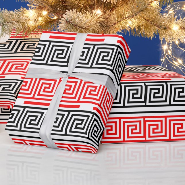 Red White Black Greek Key Fret Pattern Design  Wrapping Paper (Creator Uploaded)