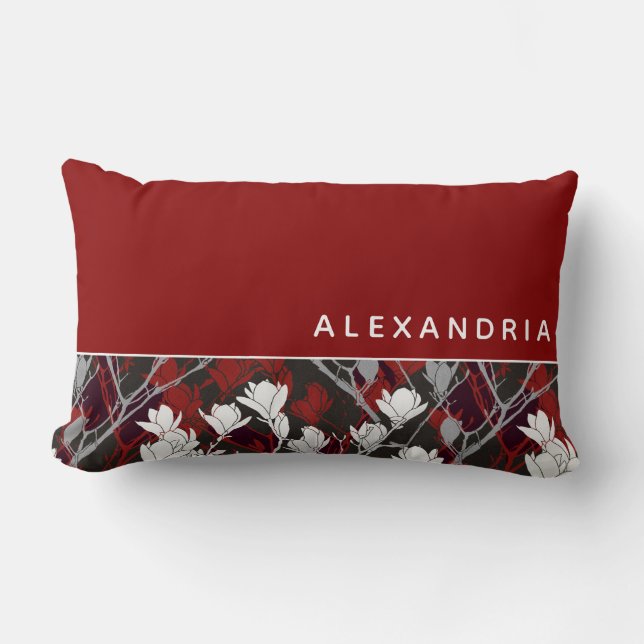 Red White Black & Grey Floral | Name Keepsake Lumbar Cushion (Front)