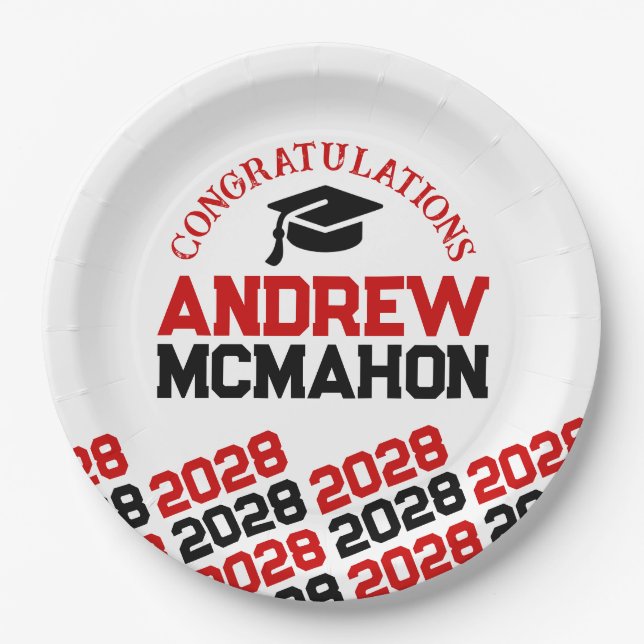 Red White Black Half Repeat Grad Personalised Paper Plate (Front)