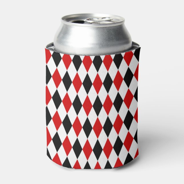Red White Black Harlequin Diamond Pattern Can Cooler (Can Front)