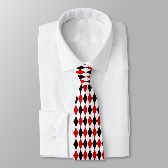 Red White Black Harlequin Diamond Pattern Tie (Tied)
