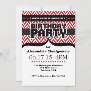 Red White Black Herringbone Birthday Invite