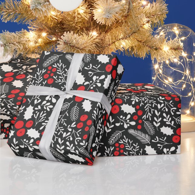 Red White Black Holly Berries Mistletoe Christmas  Wrapping Paper (Holidays)