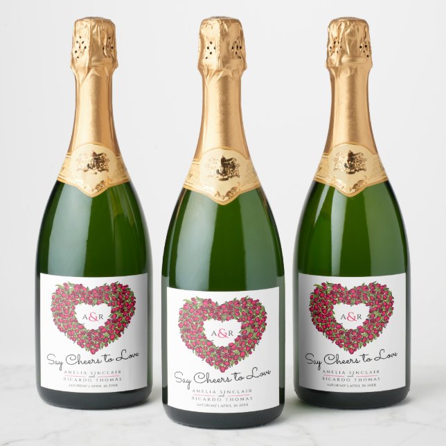 Red white black inked tulip heart bouquet wedding sparkling wine label (Bottles)