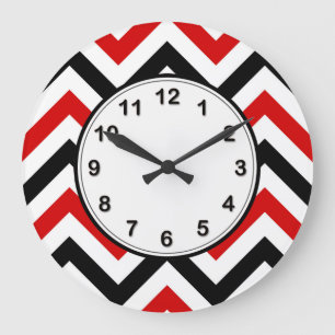 Red, White, Black Large Chevron ZigZag Pattern Clock