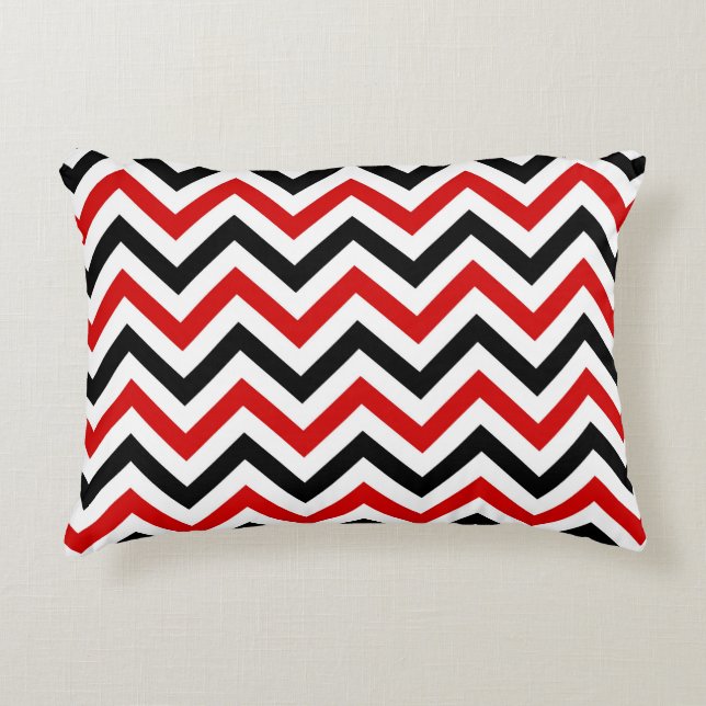 Red, White, Black Large Chevron ZigZag Pattern Decorative Cushion (Front)