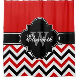 Red White Black LG Chevron 1ICBR Name Monogram Shower Curtain