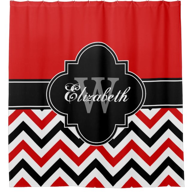 Red White Black LG Chevron 1ICBR Name Monogram Shower Curtain (Front)