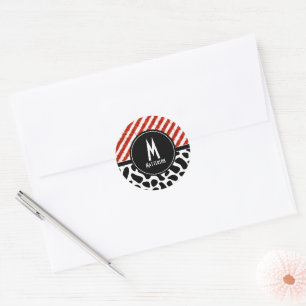Red White Black Pattern Monogram Custom  Classic Round Sticker