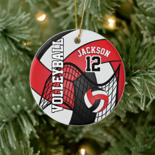 Red, White & Black Personalise Volleyball 🏐💖 Ceramic Tree Decoration