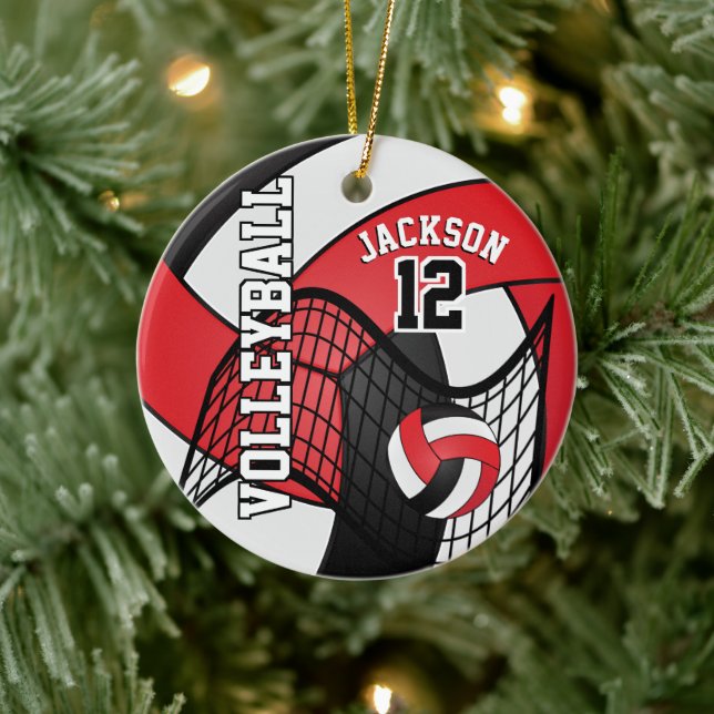 Red, White & Black Personalise Volleyball 🏐💖 Ceramic Tree Decoration (Tree)