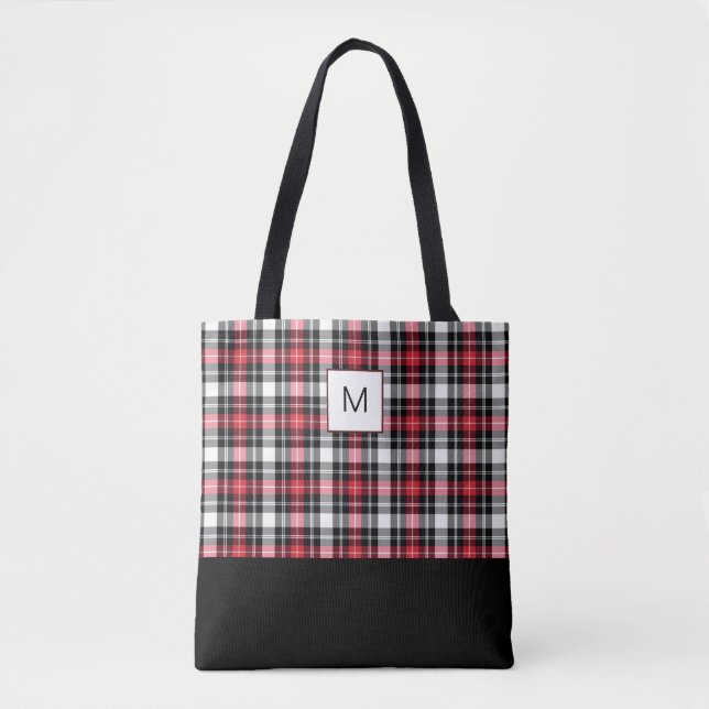 Red White Black Plaid Monogram Tote Bag (Front)