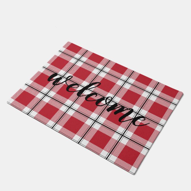 Red White & Black Plaid Welcome Flannel Doormat (Angled)
