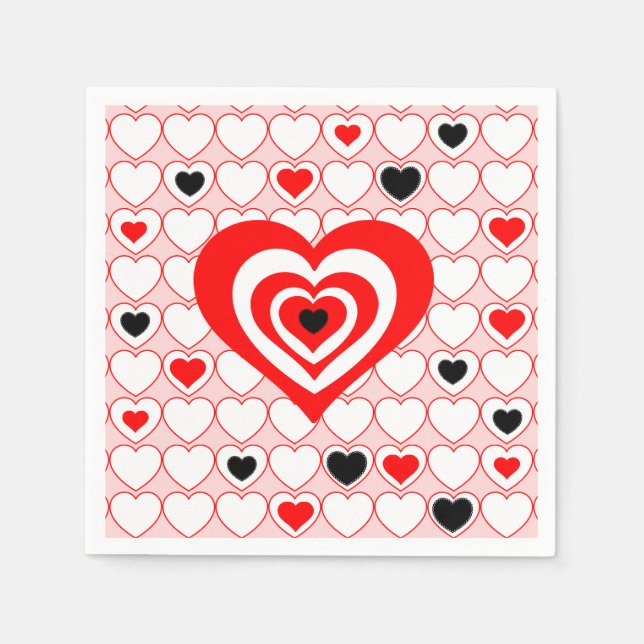 Red, White, Black Valentine Hearts Paper Plate Napkin (Front)
