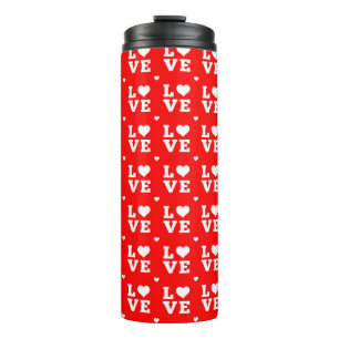 RED & WHITE BLOCK LETTERING LOVE WITH HEARTS THERMAL TUMBLER
