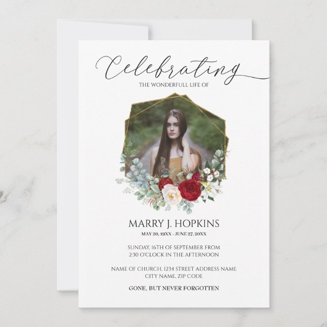 Red White Blossom Photo Celebration of Life Invitation (Front)