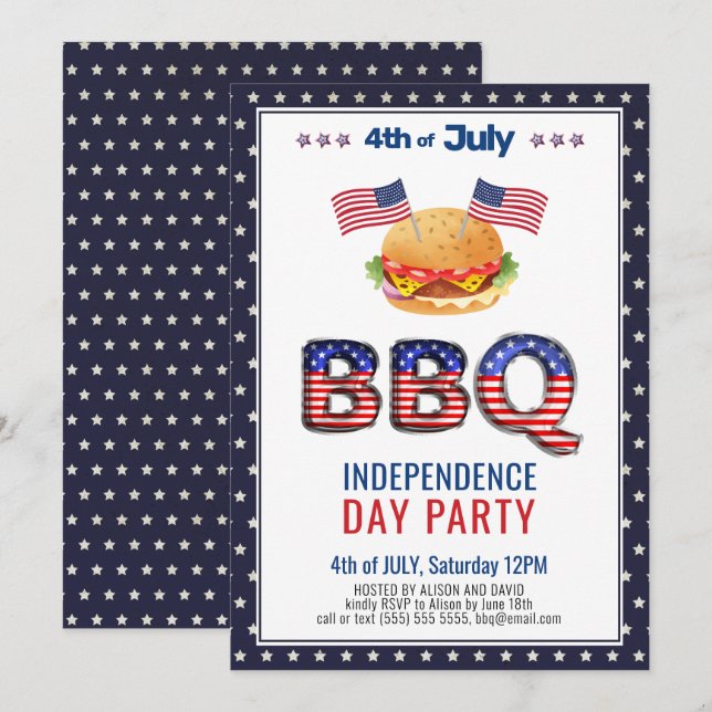 Red White Blue 4th of JULY BBQ Party Invitation (Front/Back)